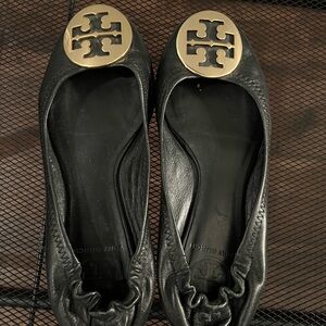 Tory Burch Black Flats with Gold Emblem